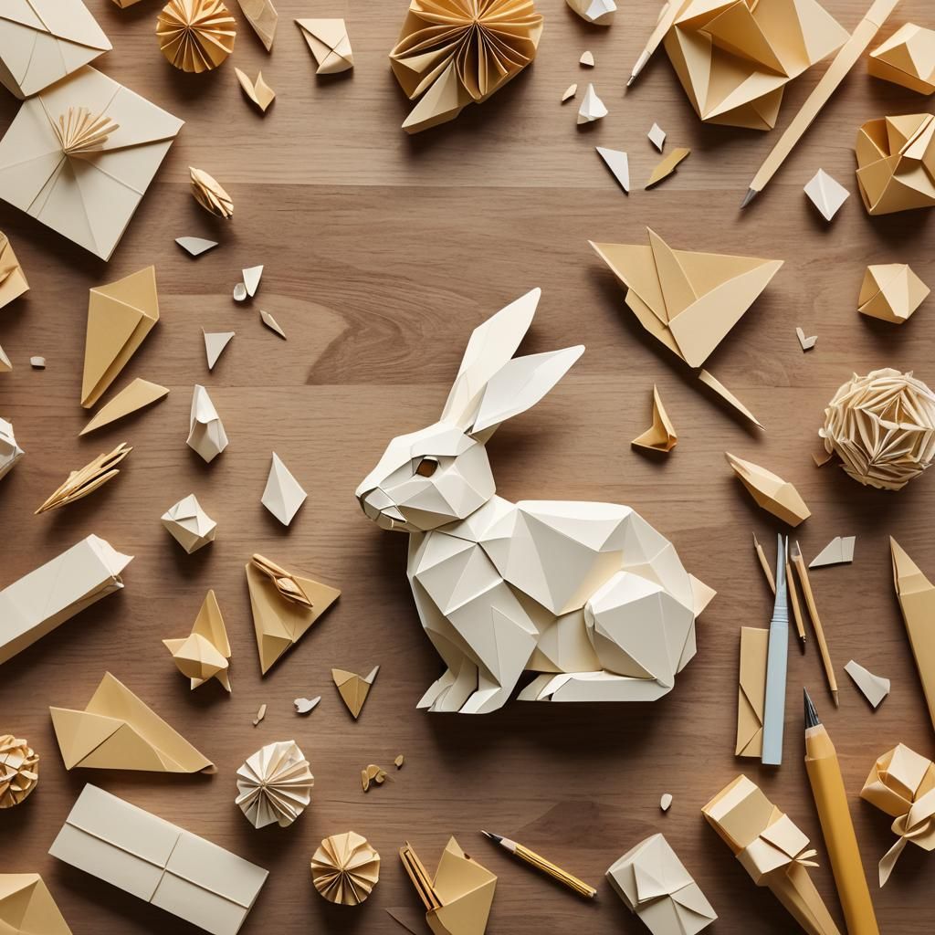 Intricate Origami Rabbit Papercraft on Desk