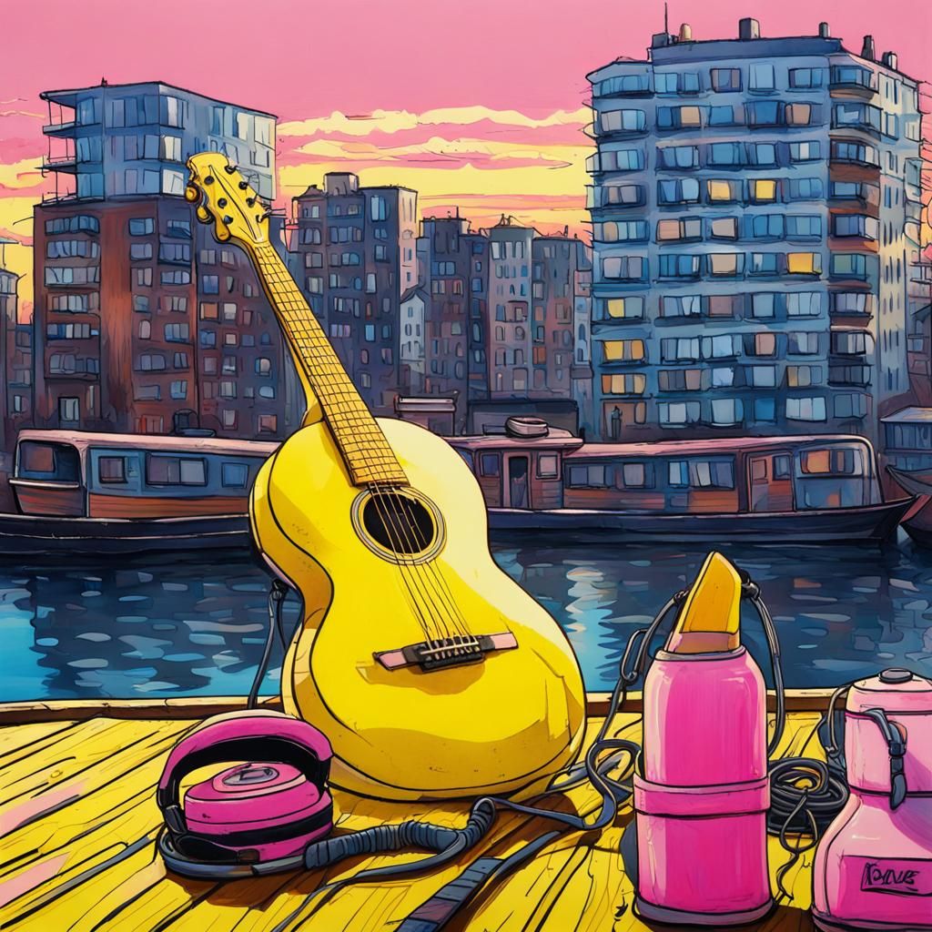 Hamburg Canal Houseboat at Sunrise in Graffiti Art Style
