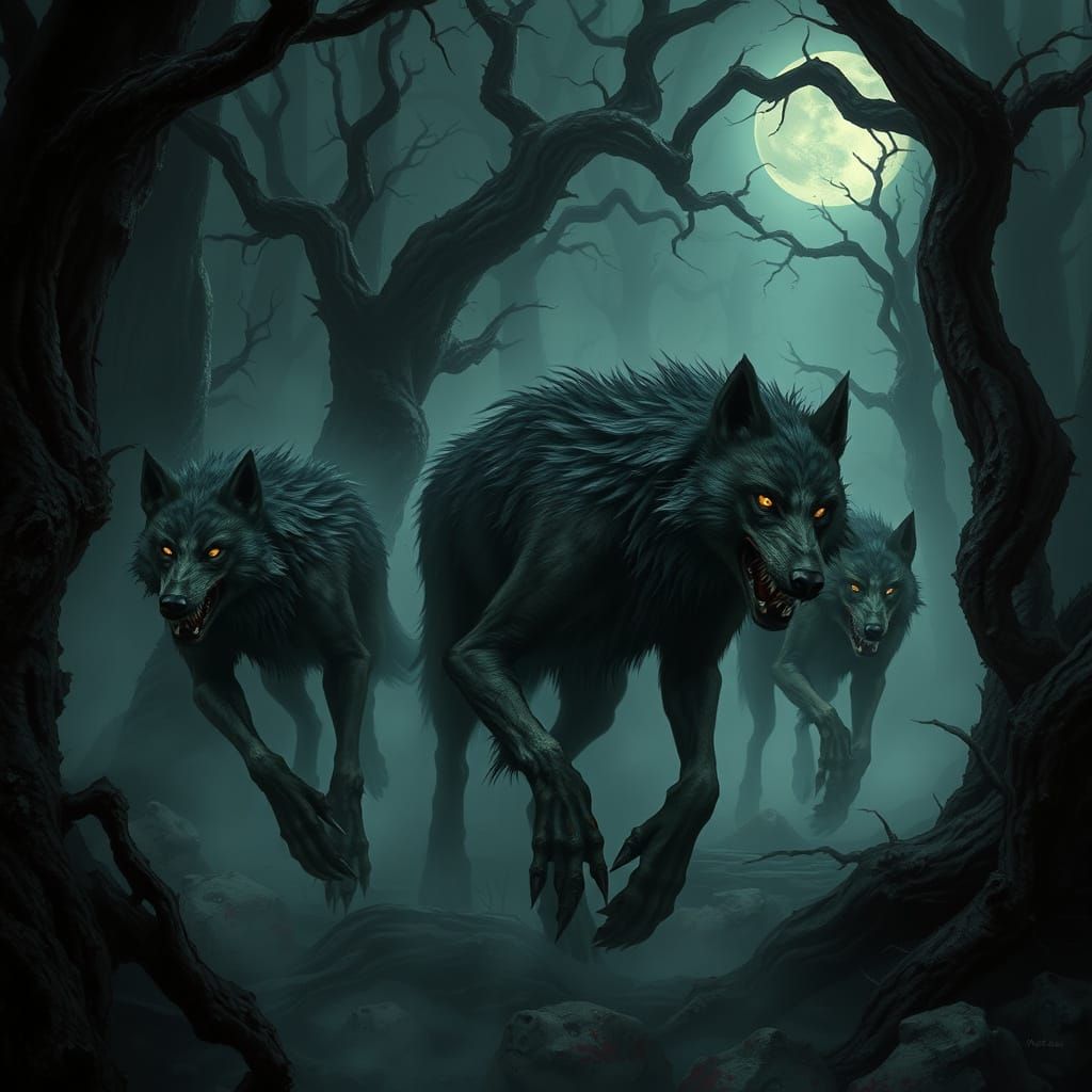 Werewolves in Dark Medieval Forest, Shadowfell Landscape