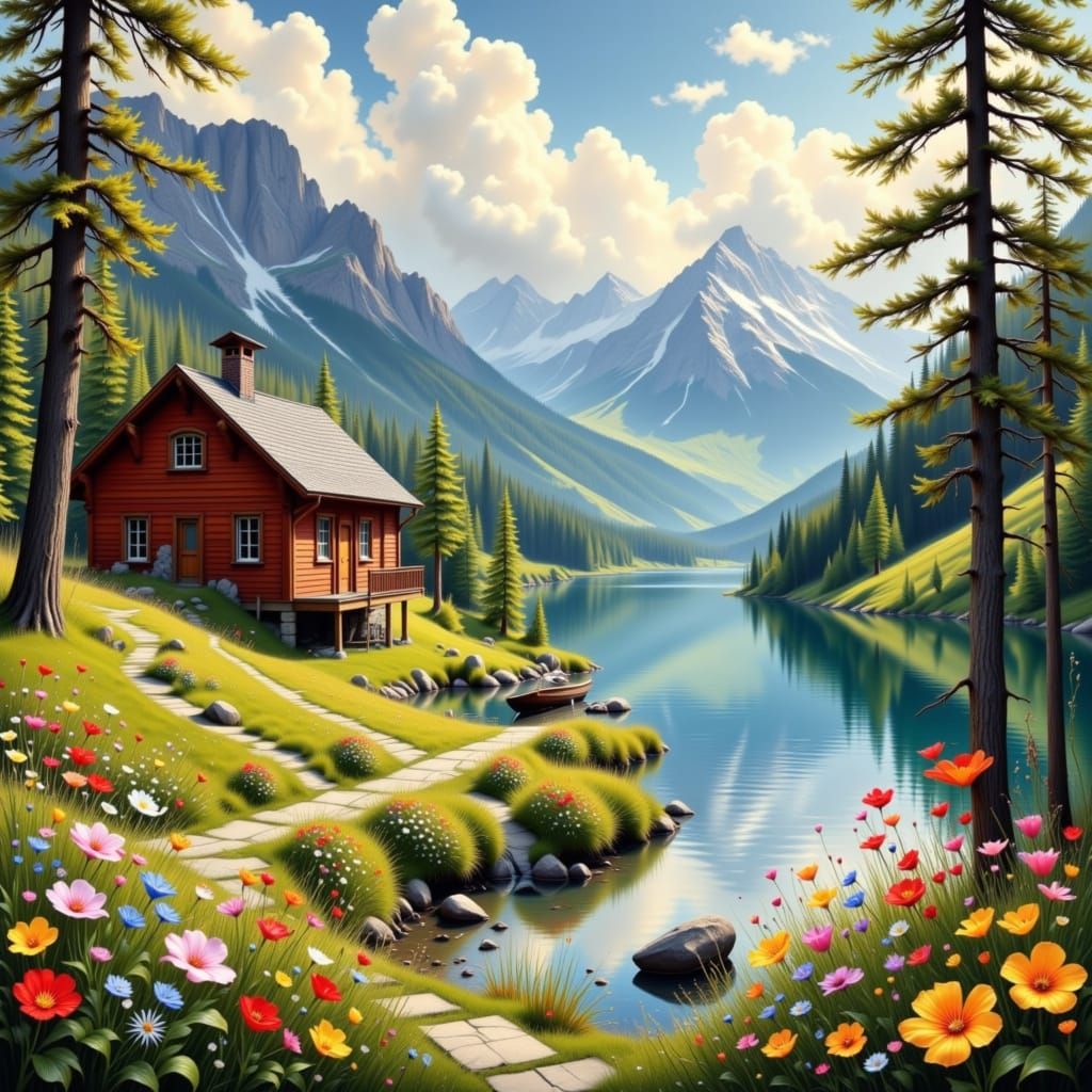 Swiss Lake Chalet Scene in Art Nouveau Style