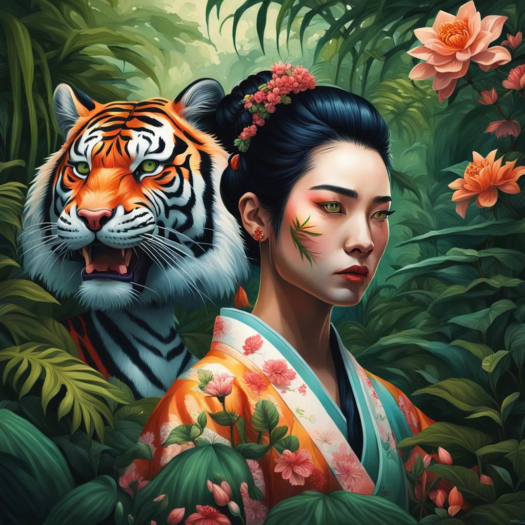 Geisha and Tiger Portrait in Overgrown Jungle