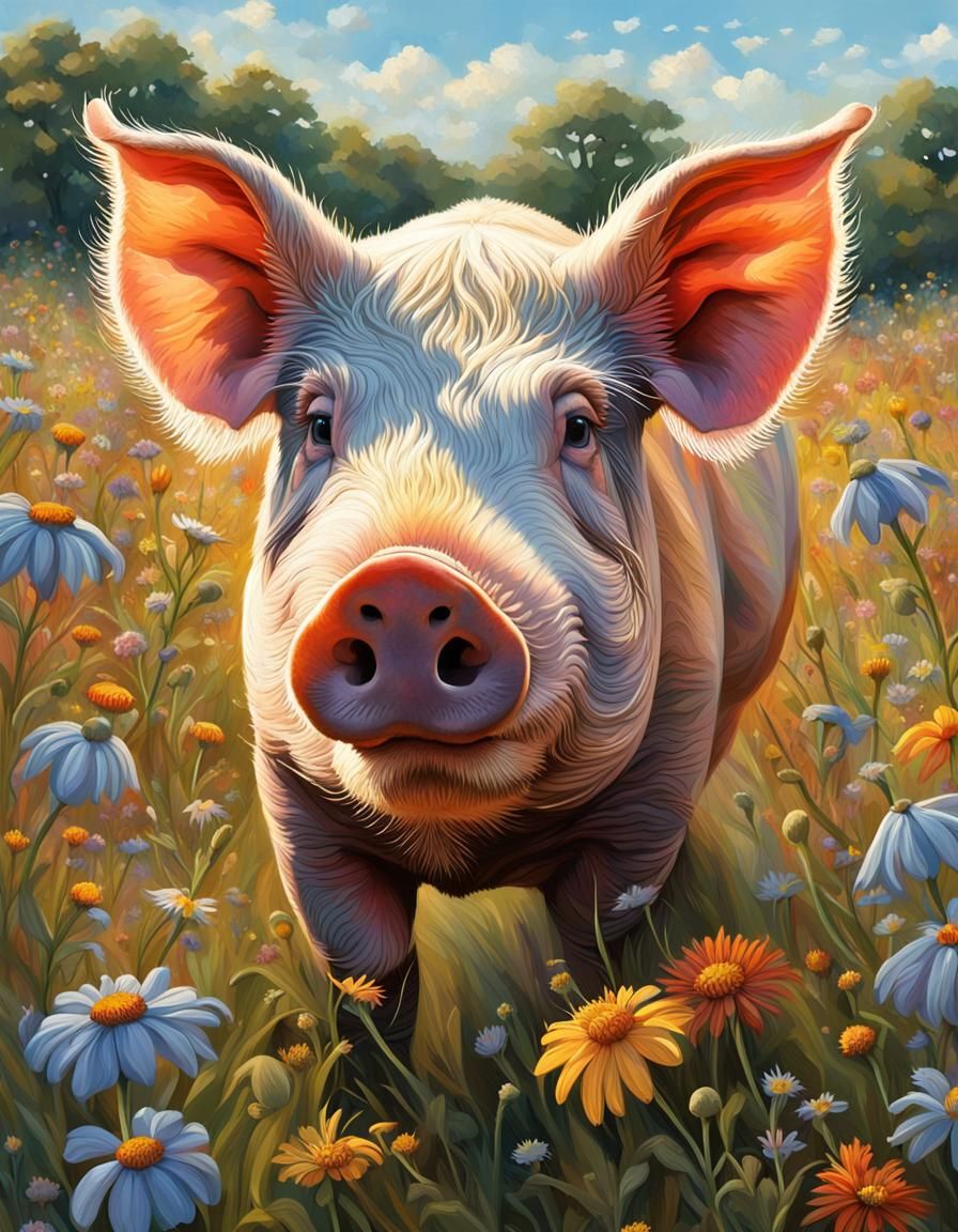 Tamworth Pig Portrait in Wildflower Field