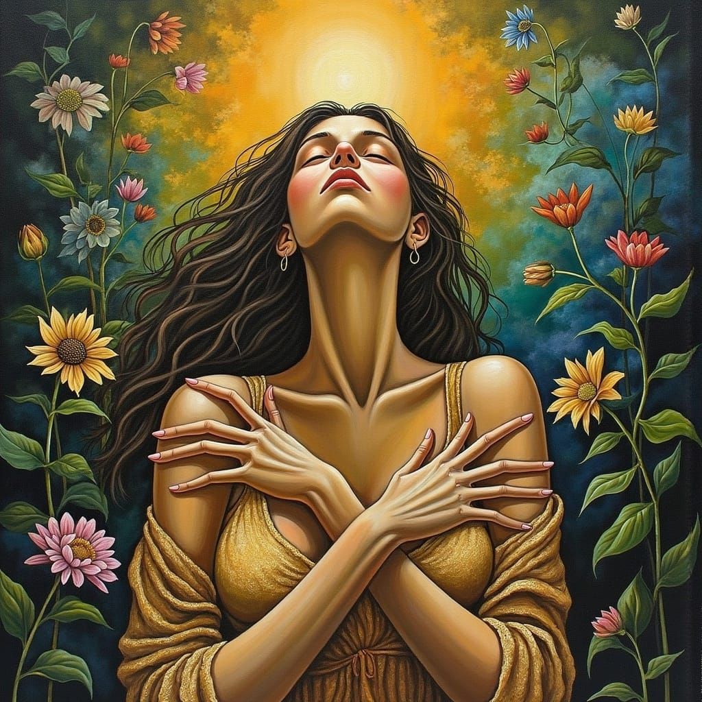 Ethereal Woman Contemplating Divine in Magical Realism