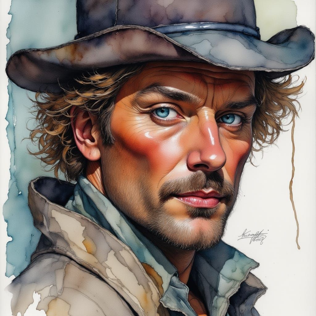 Rugged Pirate Captain with Icy Blue Eyes in Watercolor Style