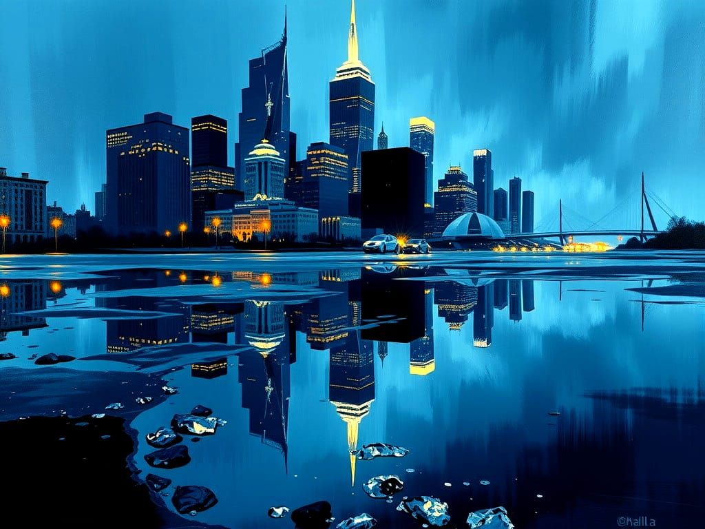 City Skyline Reflection with Impasto Effect