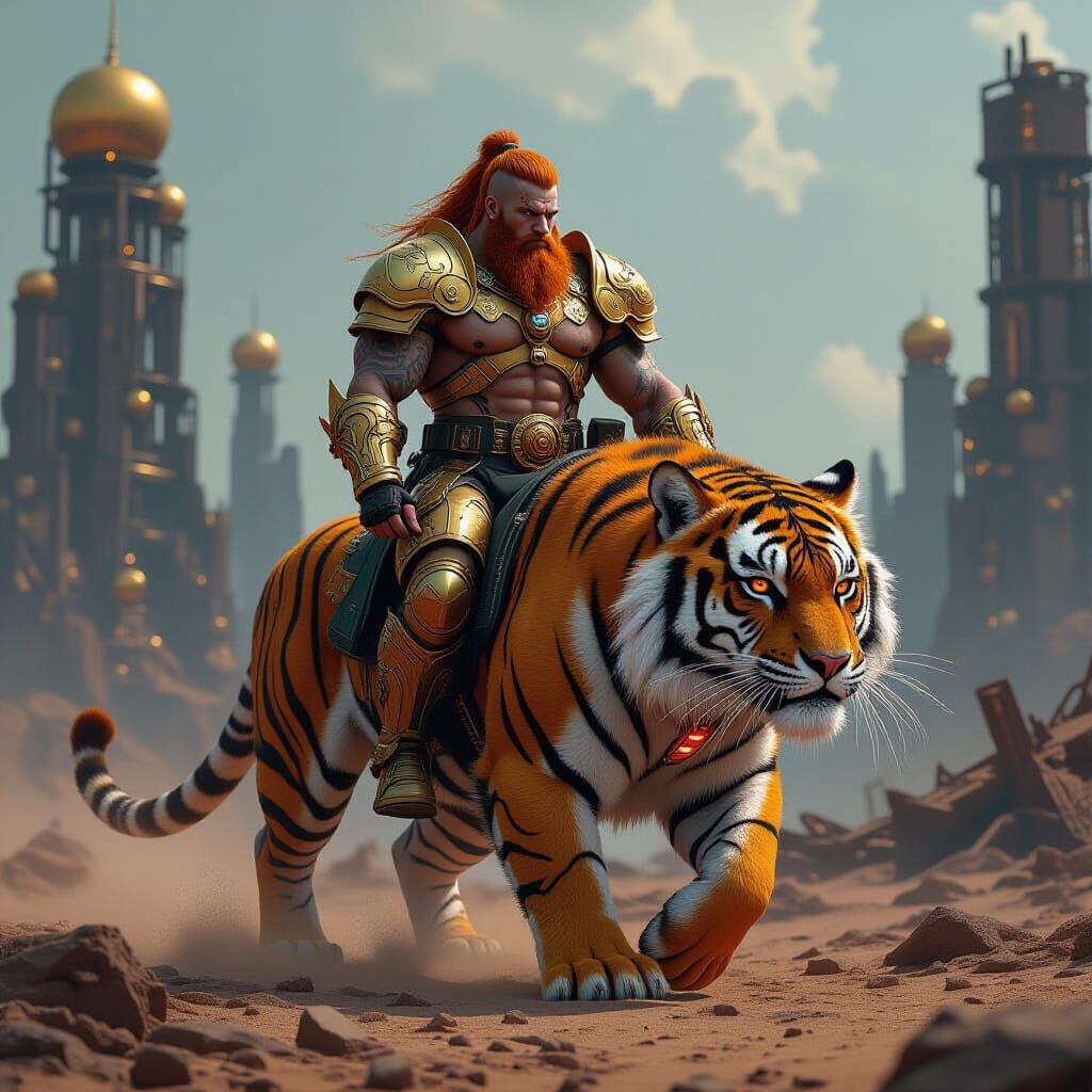 Cybernetic Tiger Rider in Wasteland Landscape