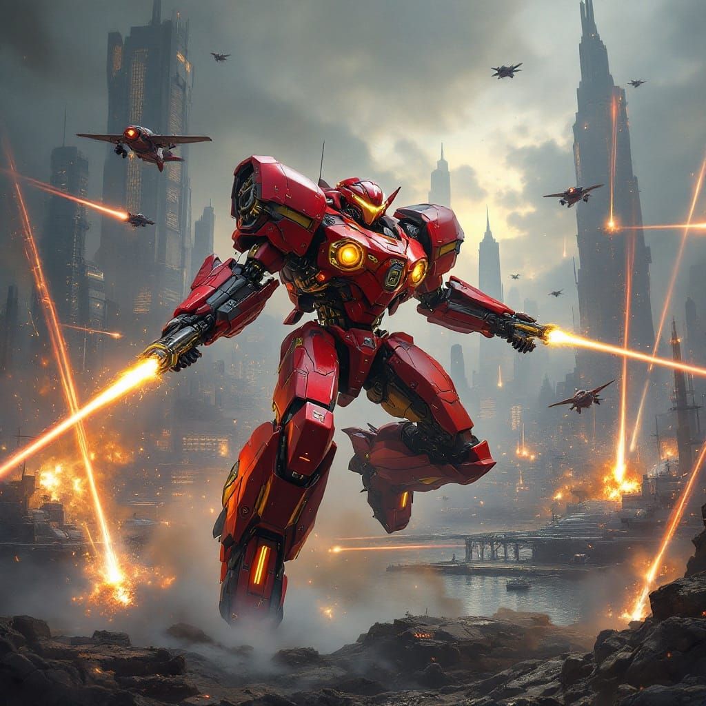 Battle Mech Leaps Over Harbor in Retro-Futuristic City