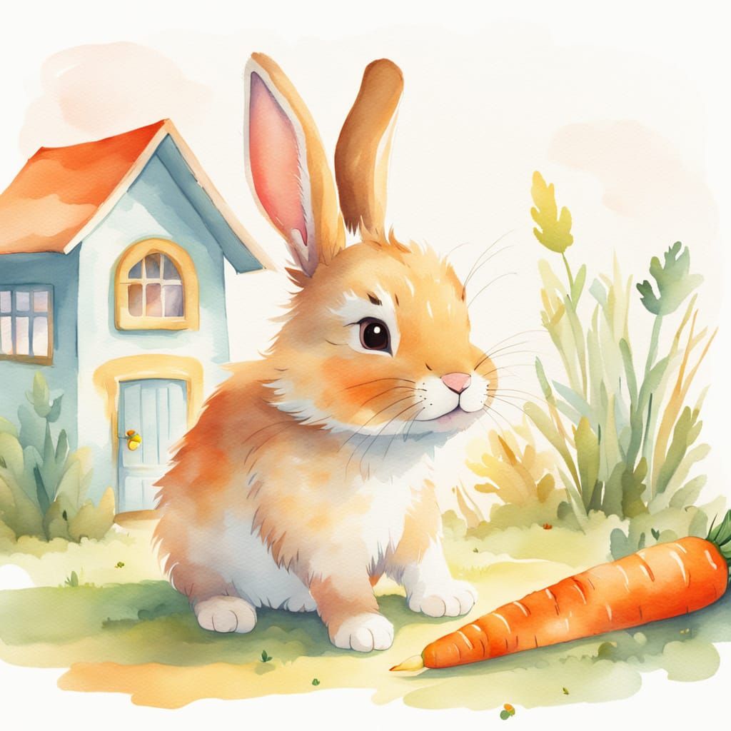 Whimsical Bunny Enjoys Carrot in Watercolor Style