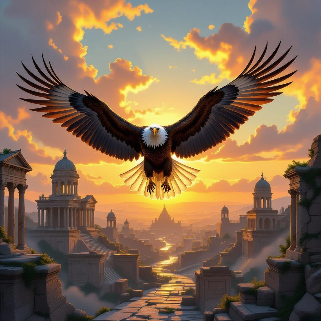 Majestic Eagle Soars Over Ancient Ruins at Dawn