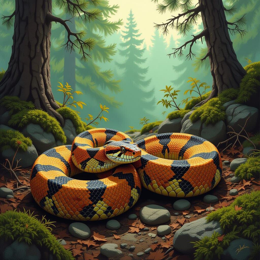 Copperhead Snake in Forest, Wildlife Illustration