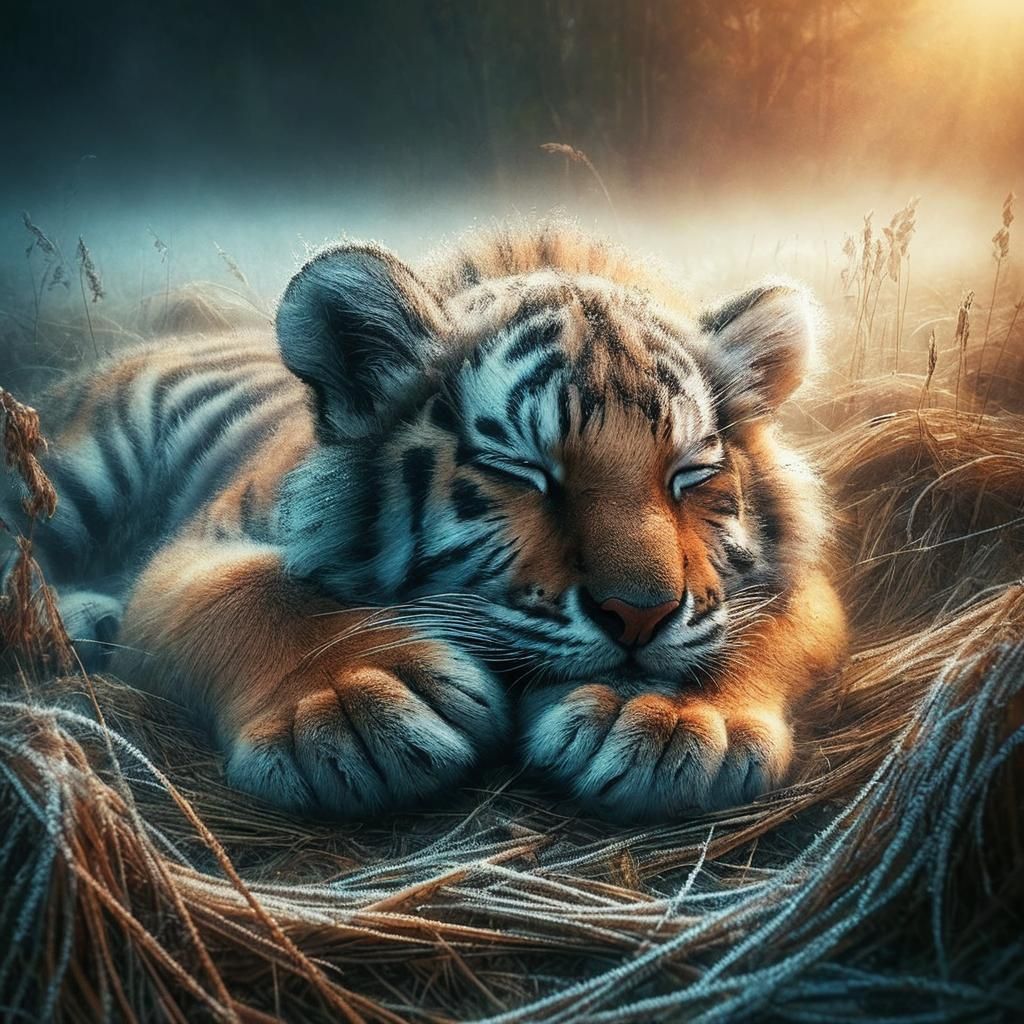 Sleeping Babytiger in Meadow: Detailed Hyperrealistic Portra...
