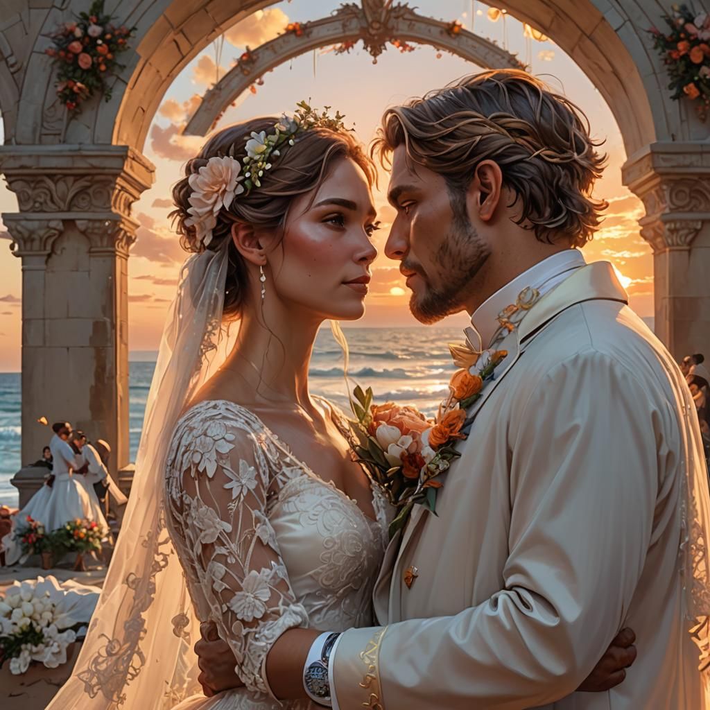Beach Wedding at Sunset: Hyperdetailed Artstation Portrait