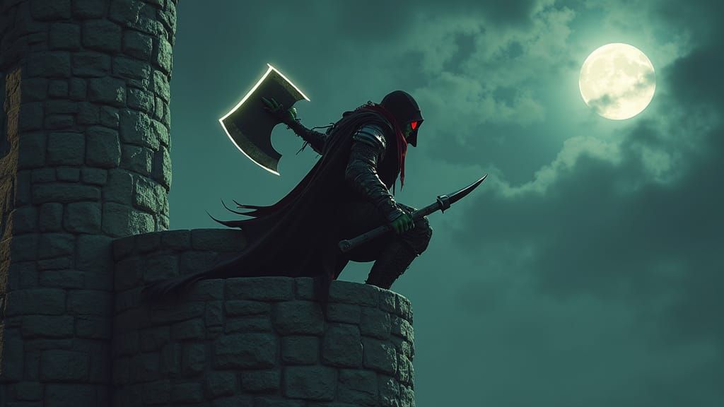 Dark Fantasy Warrior Ascends Castle Wall Under Moonlit Night