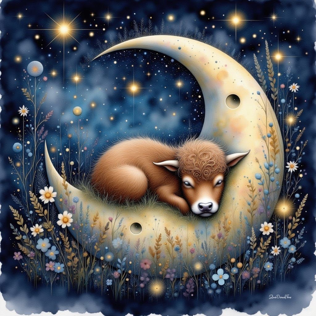 cute baby cow sleeping on a curved moon  - 2 likes