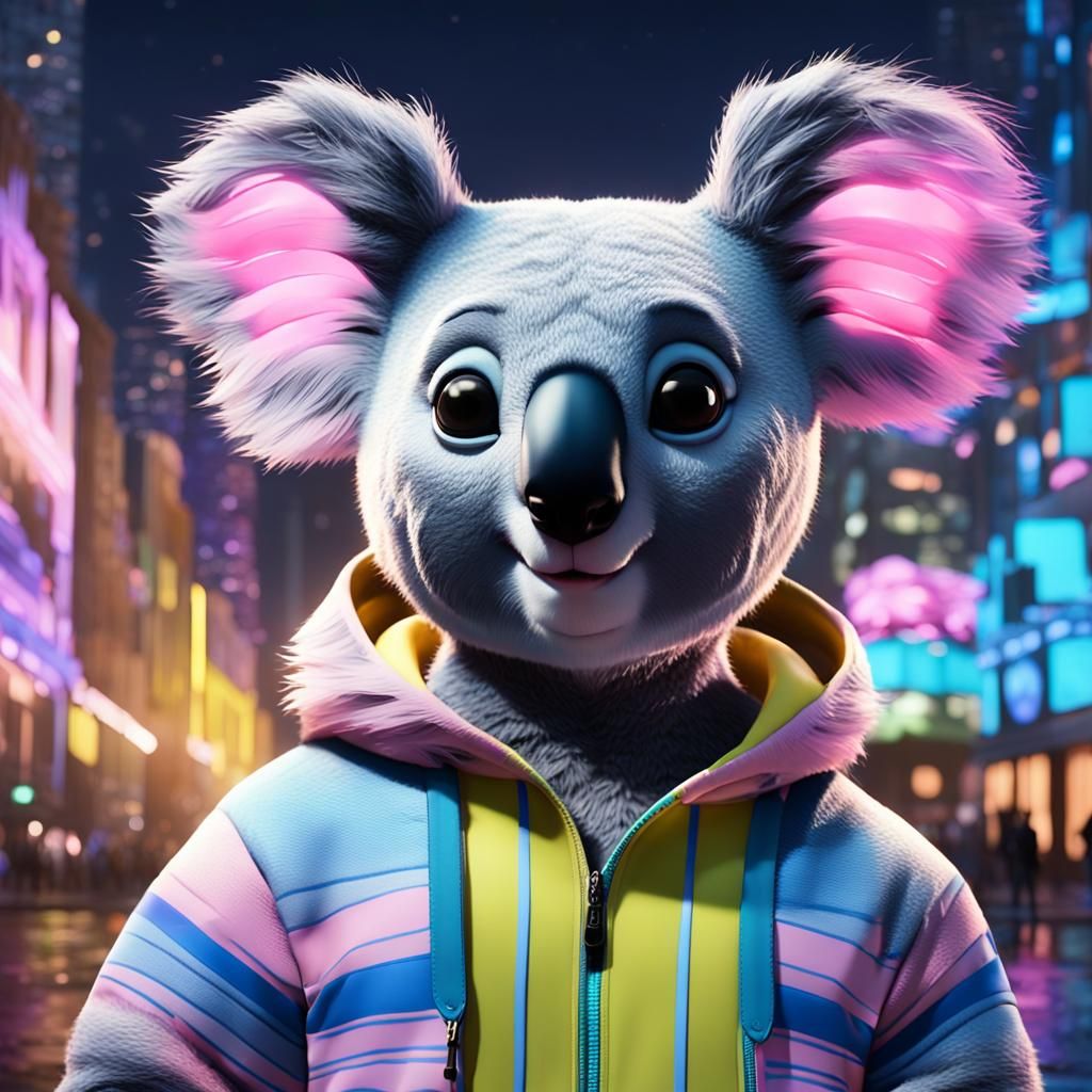 Striped Koala in Fluorescent City, 3D Digital Art