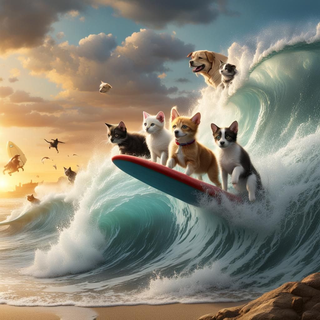Whimsical Beach Scene with Kittens and Dogs Riding a Huge Wa...