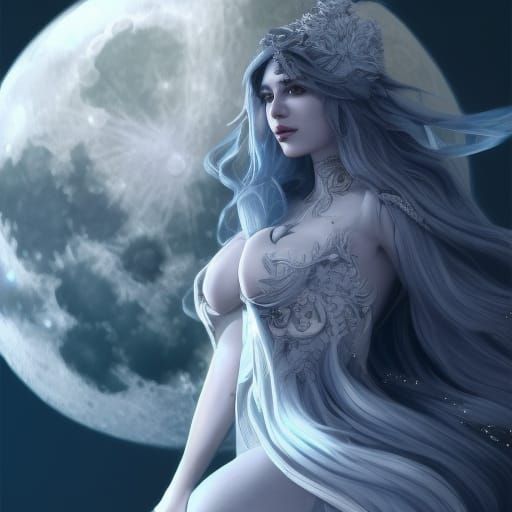 Silver Moon Goddess in Ethereal Moonlit Landscape