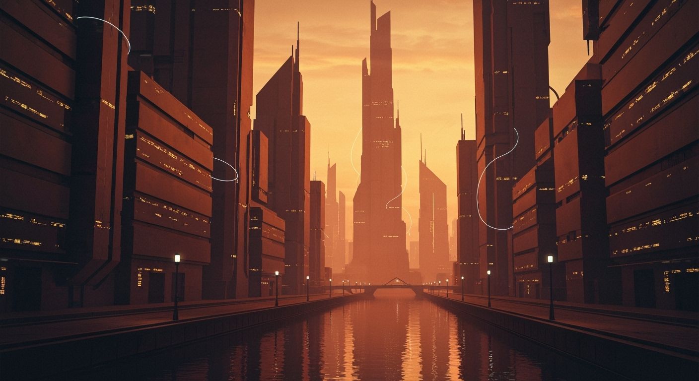 Futuristic Cityscape at Dusk in Amber Hues