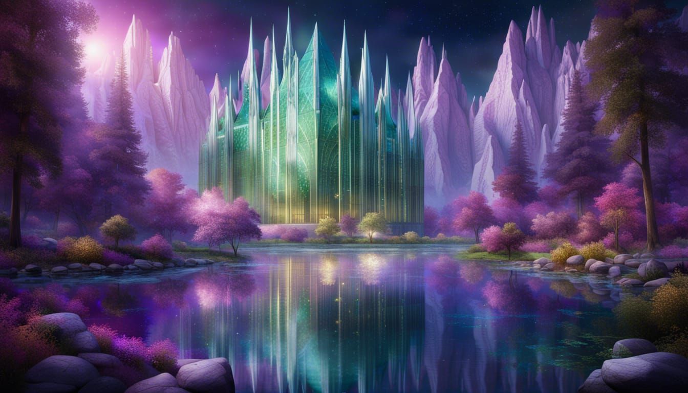 Crystal Cathedral Among Amethyst Mountains at Night