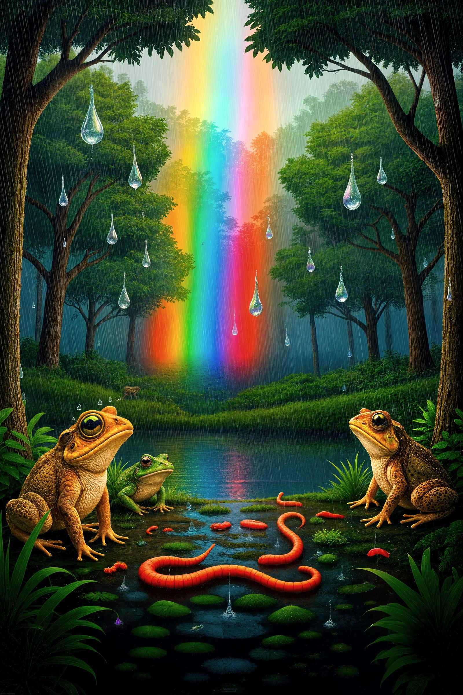 Rainbow Prism Shimmers in Summer Forest Rain