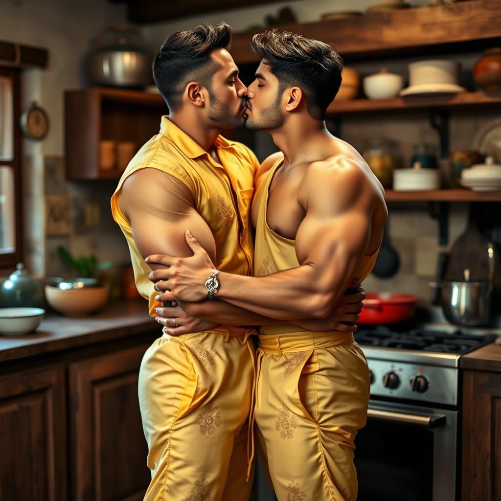 Two Indian Men Intimately Kissing in Kitchen