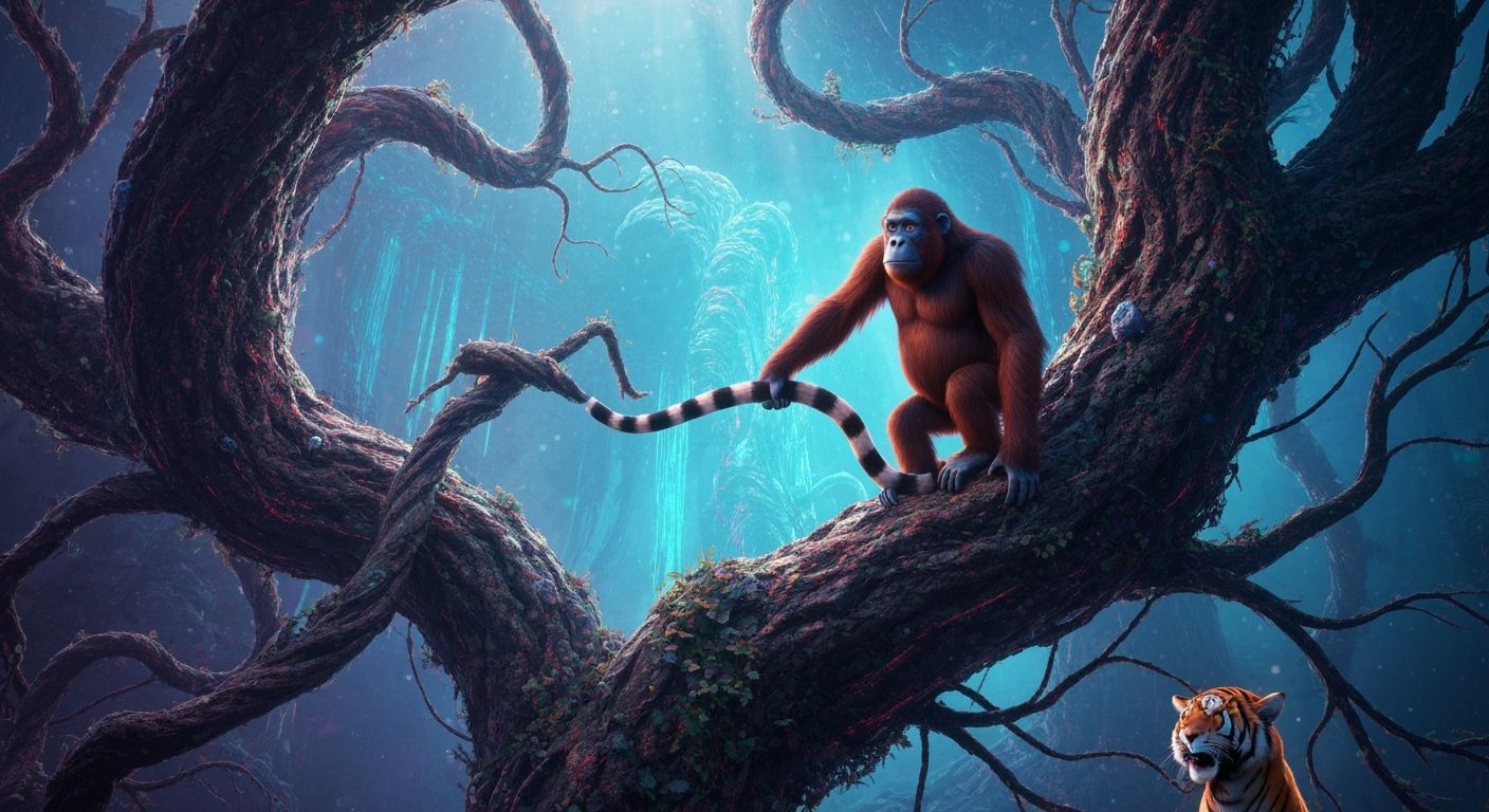 Orangutan Pulls Tiger Tail in Ethereal Forest