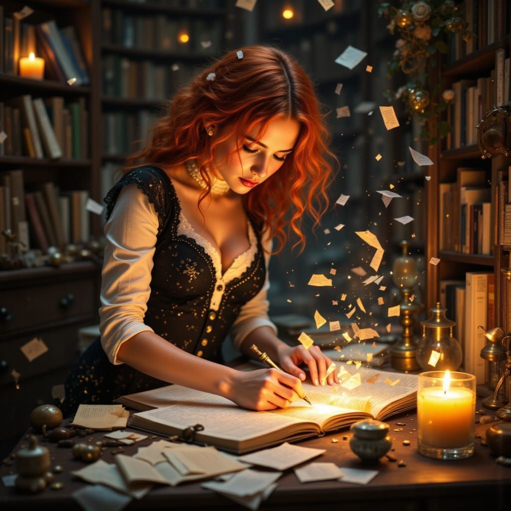 Woman Writing Dreams into Floating Scrolls in Candlelight