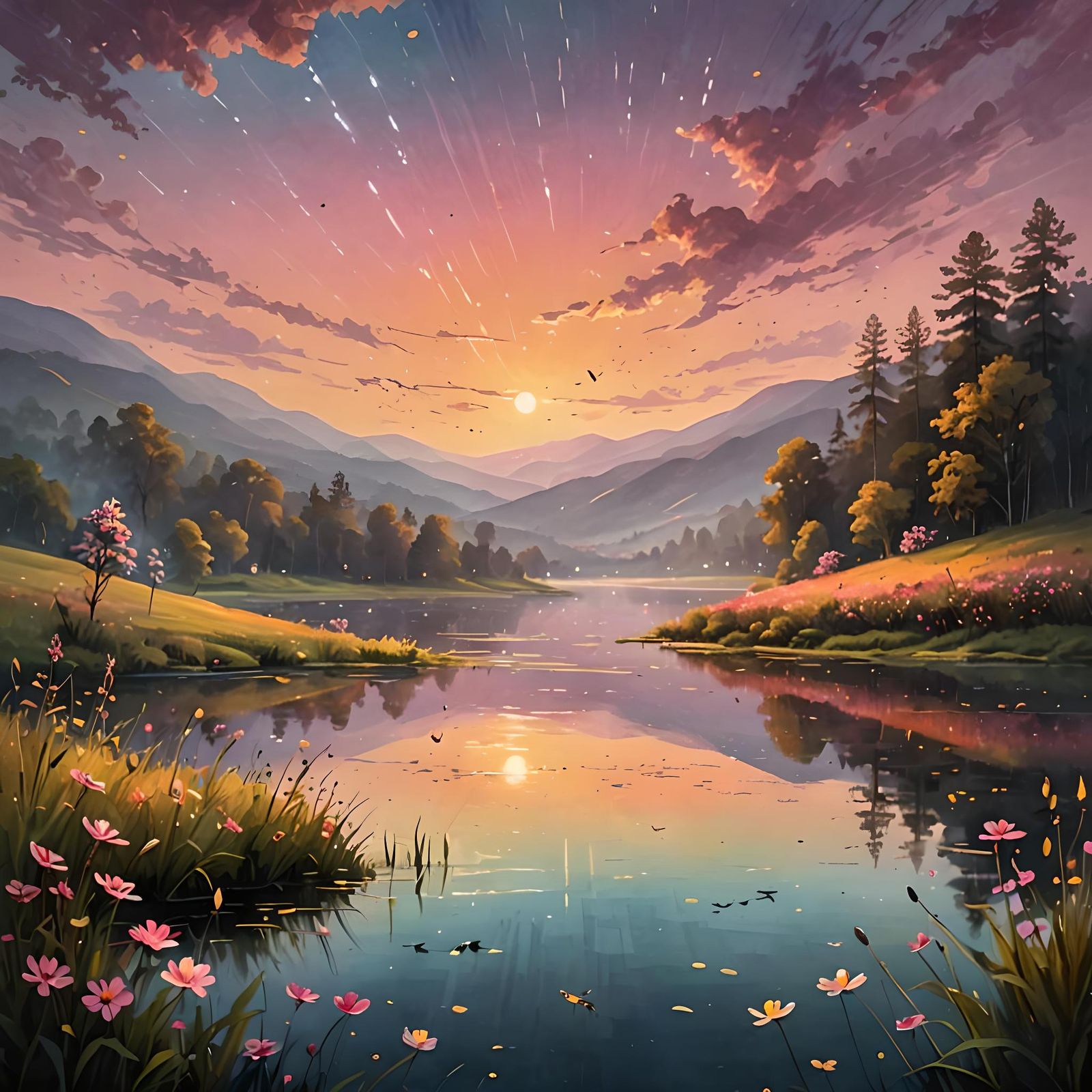 Tranquil Sunset Landscape with Fantasy Elements