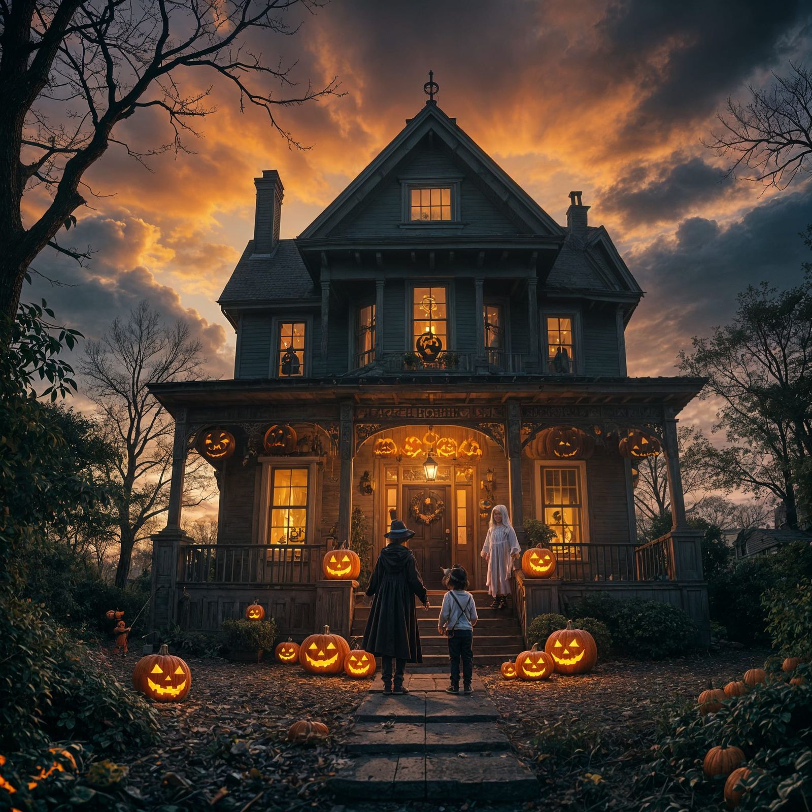 Halloween Night: Children in Costume with Jack-o'-Lanterns
