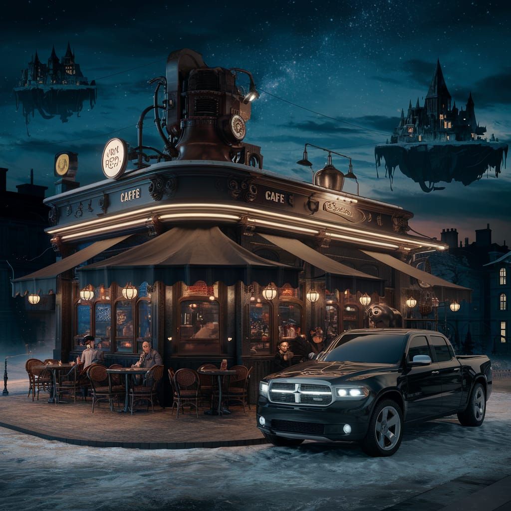 Steampunk Cafe in Victorian City at Night