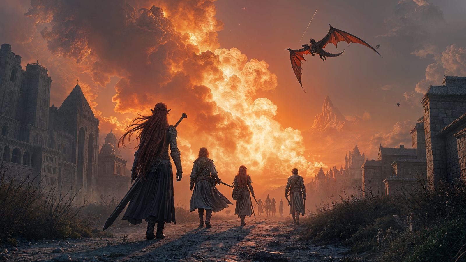 Elven Warrior Leads Dragon Quest in Dark Fantasy