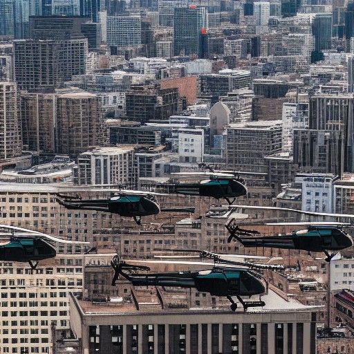 US Army Black Hawks Over Run-Down City