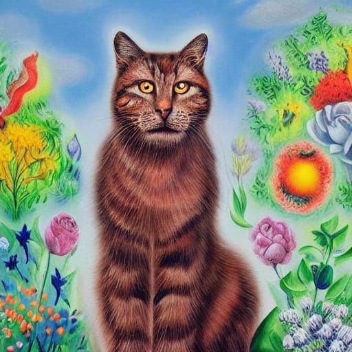 Giant Magic Cat in Surrealist Flower Field Oil Painting