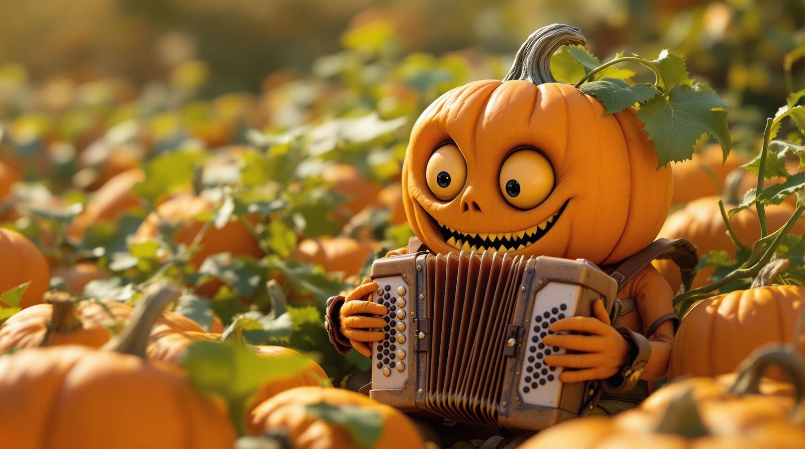 Vibrant Autumn Pumpkin Plays Accordion in the Patch