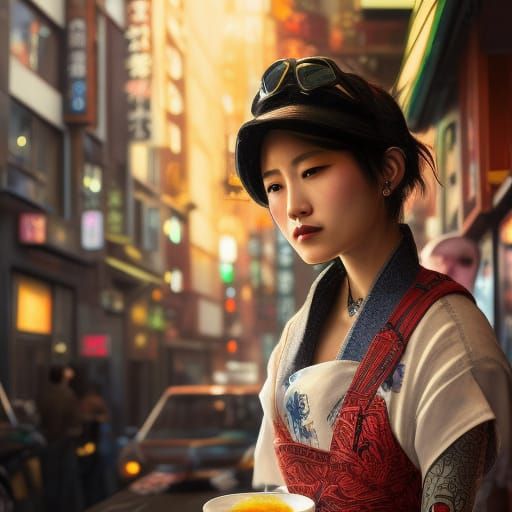 Punk Girl at Ramen Bar: Hyperdetailed Digital Portrait
