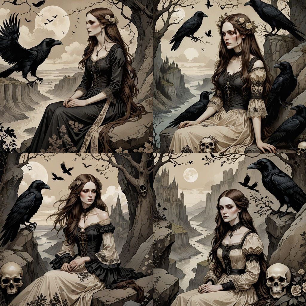 Woman in Victorian Gothic Landscape with Ravens