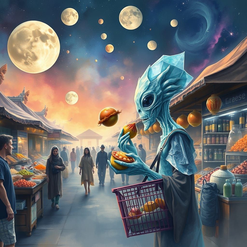 Crystalline Alien at Alien Market Watercolor and Digital Art