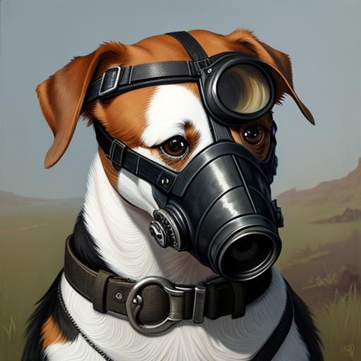 A jack russell dog wearing a black lens gas mask