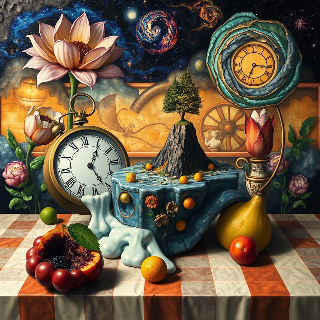 Surreal Still Life with Melting Clock and Cosmic Fruit