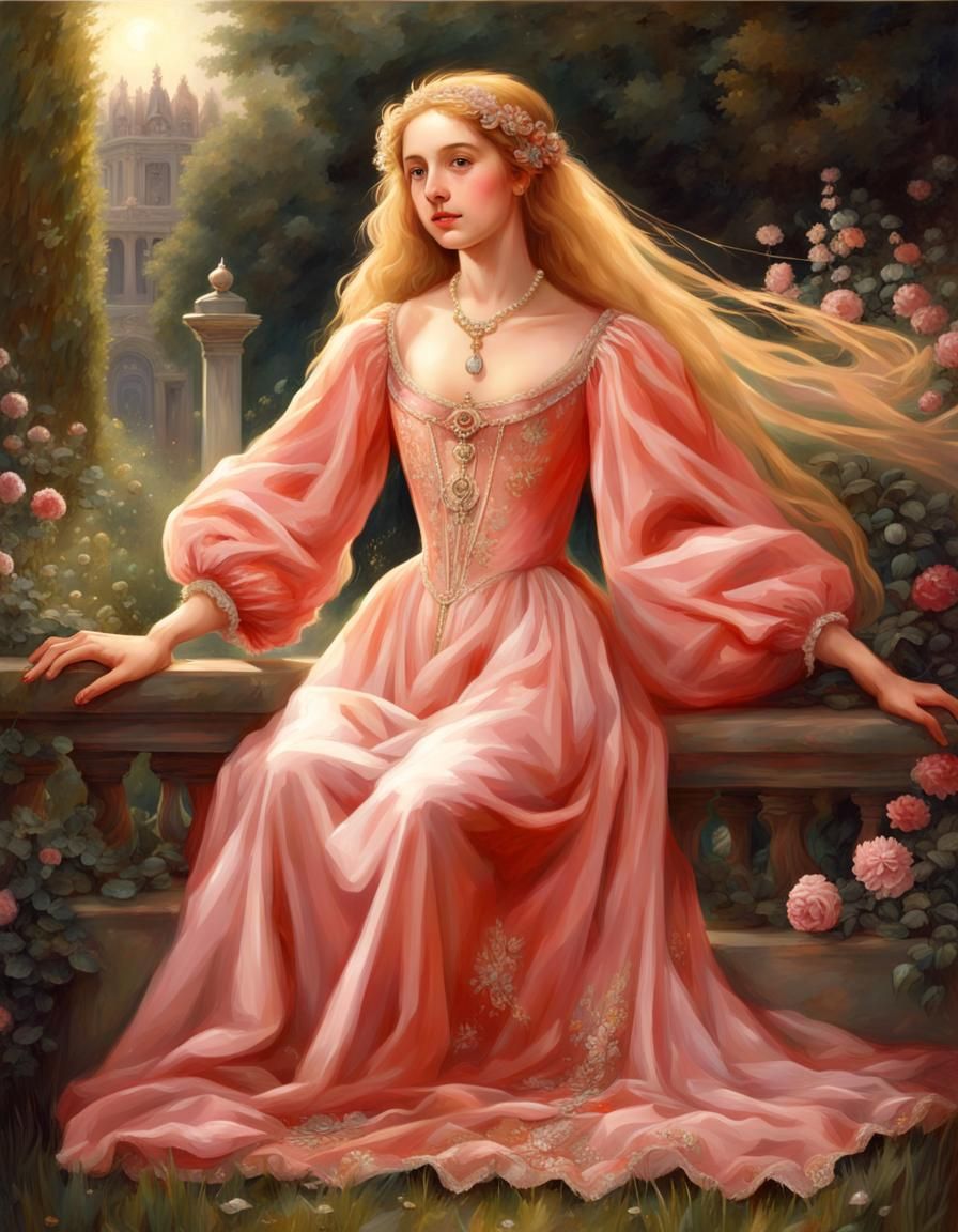 Renaissance Girl with Golden Hair in Garden