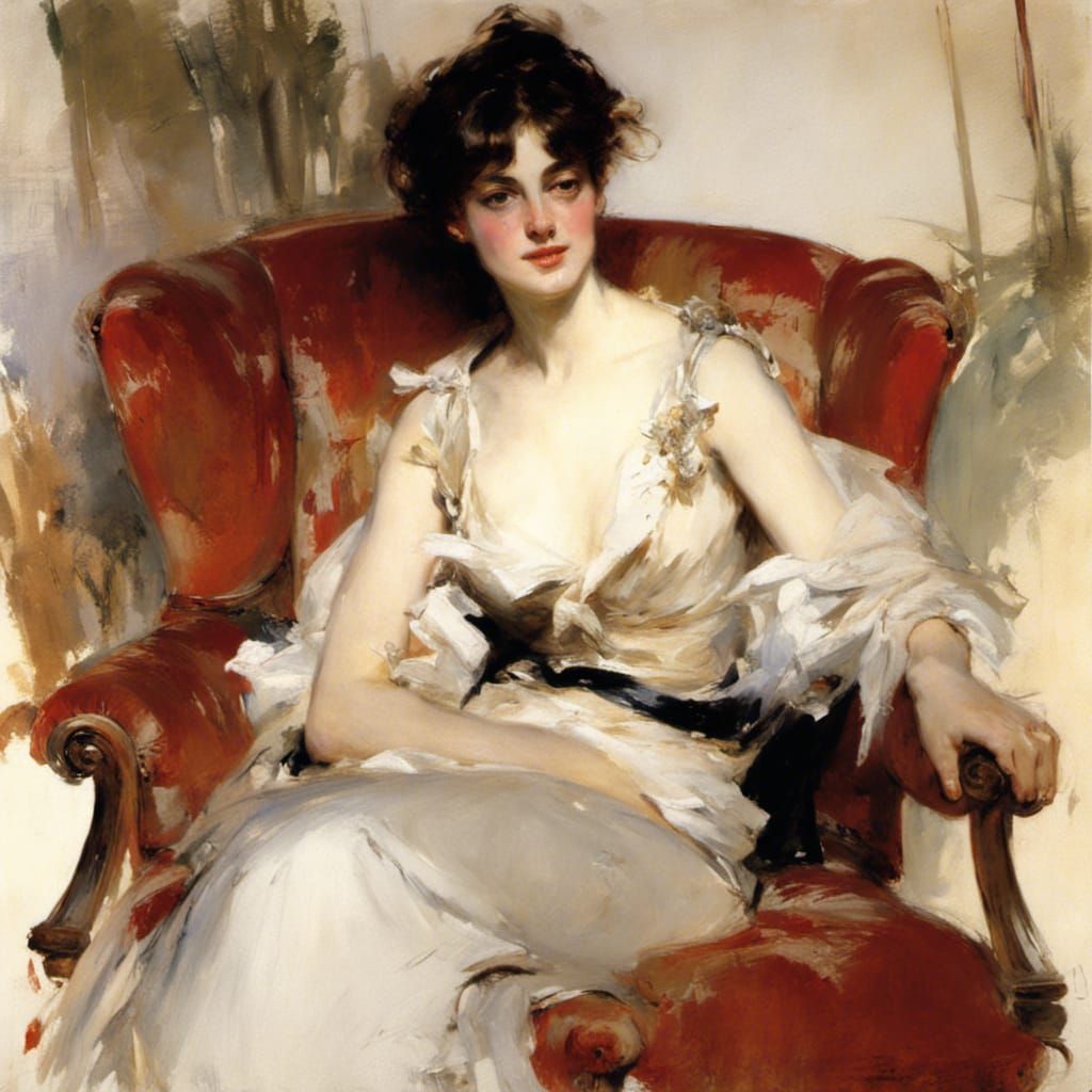 Elegant Woman in Armchair: Impressionistic Portrait