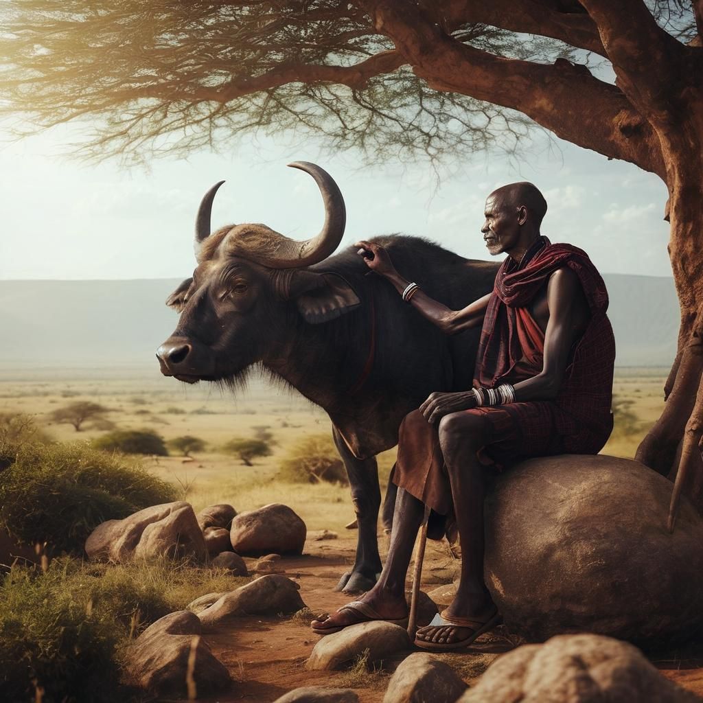 Maasai Elder and Buffalo Gazing at Plains