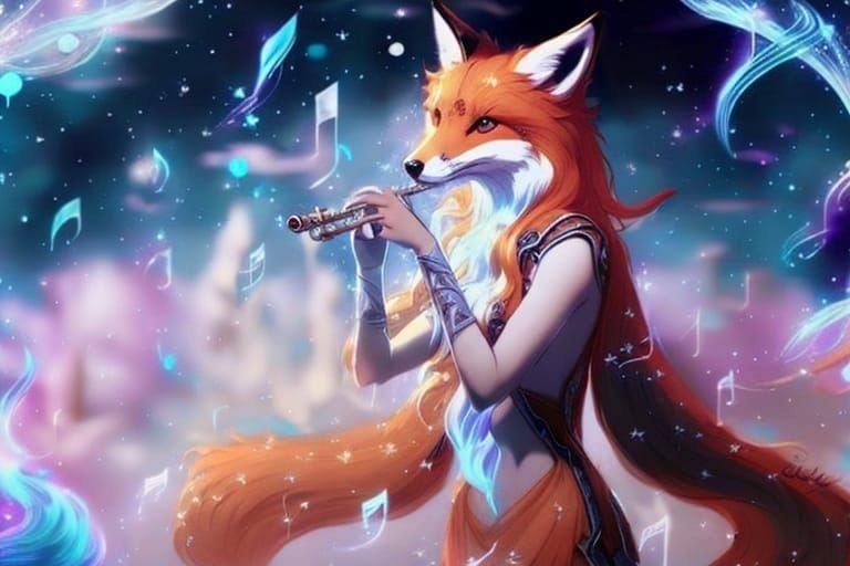 Fox Playing Flute with Astral Music Notes