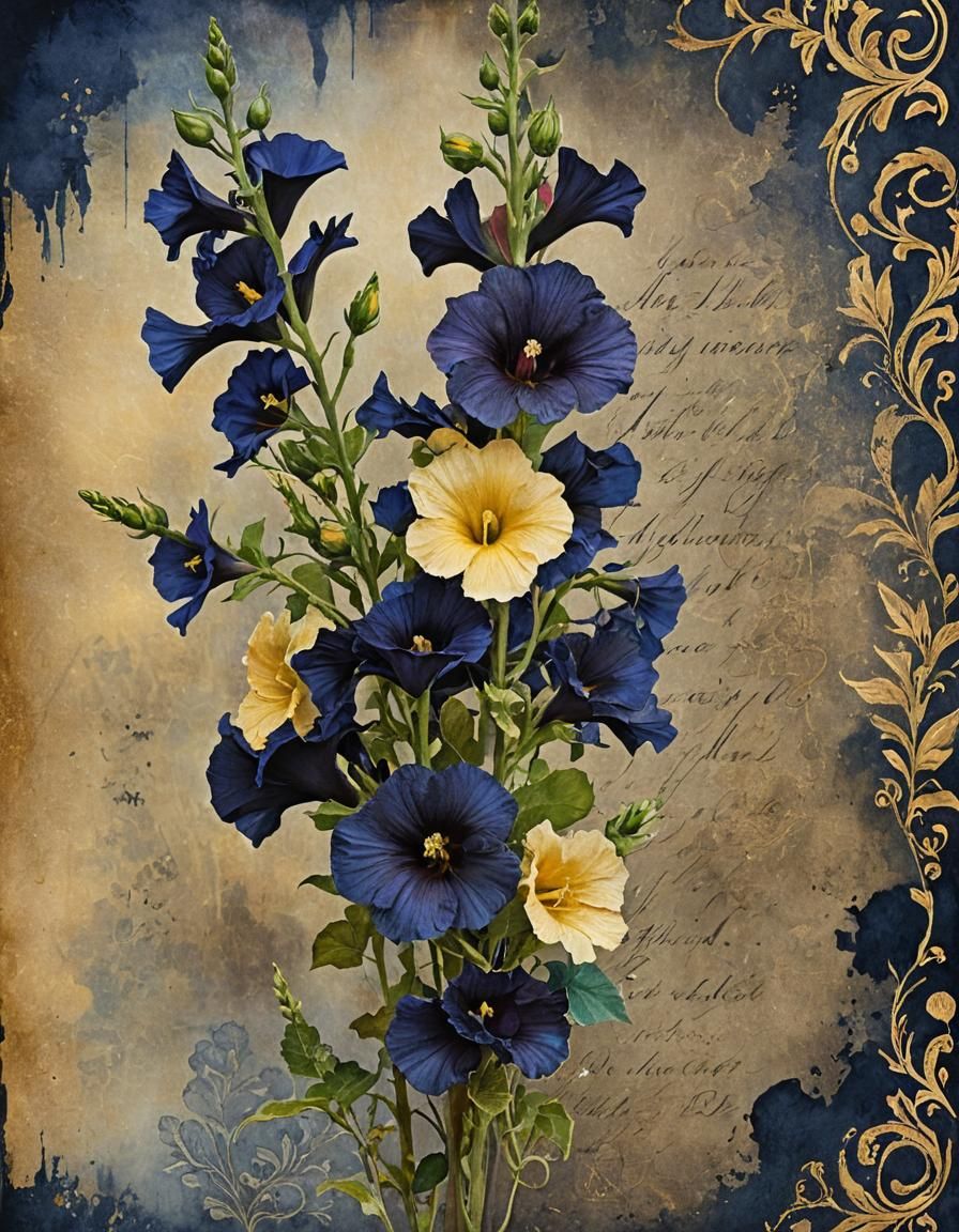 Watercolor Gothic Hollyhocks Bouquet with Raven