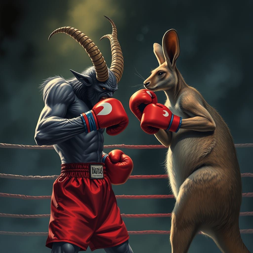 Krampus vs Kangaroo: Boxing Match in Noir Style