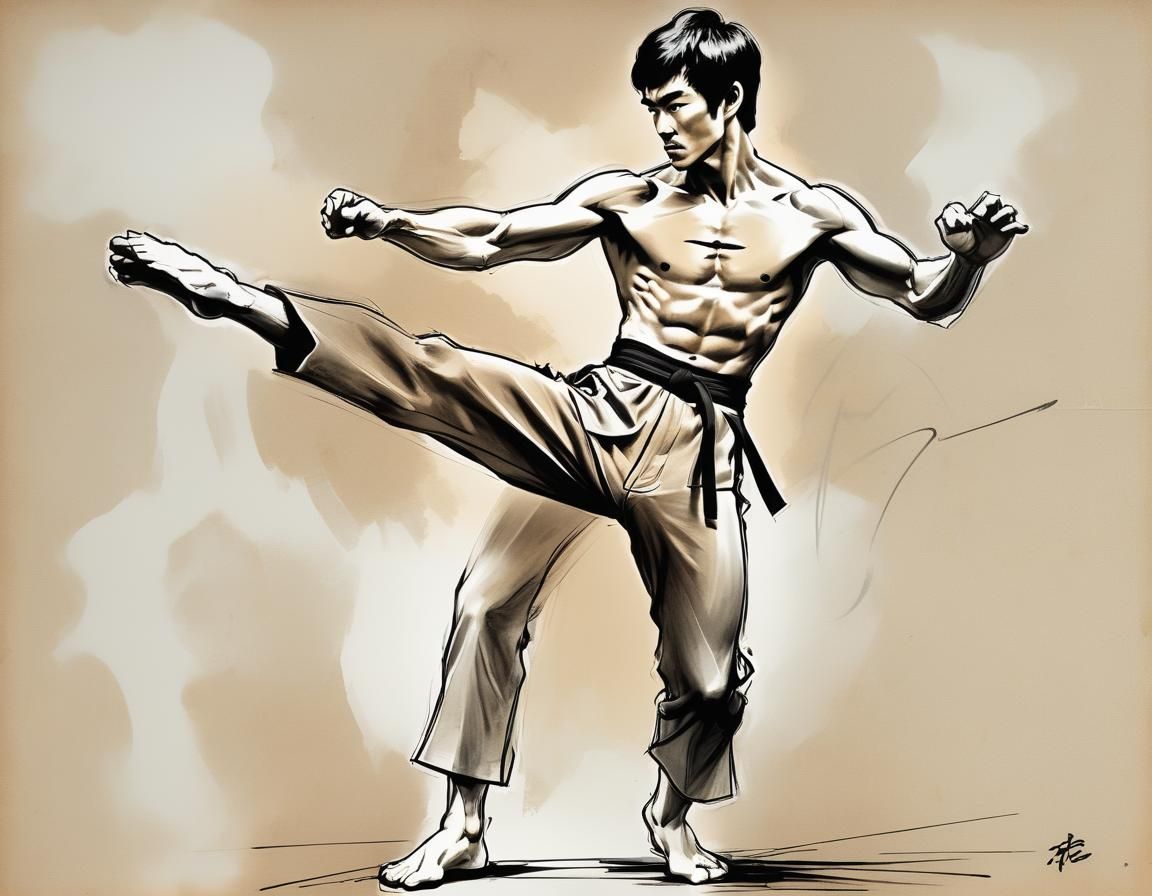 Bruce Lee Charcoal Sketch in Martial Arts Stance