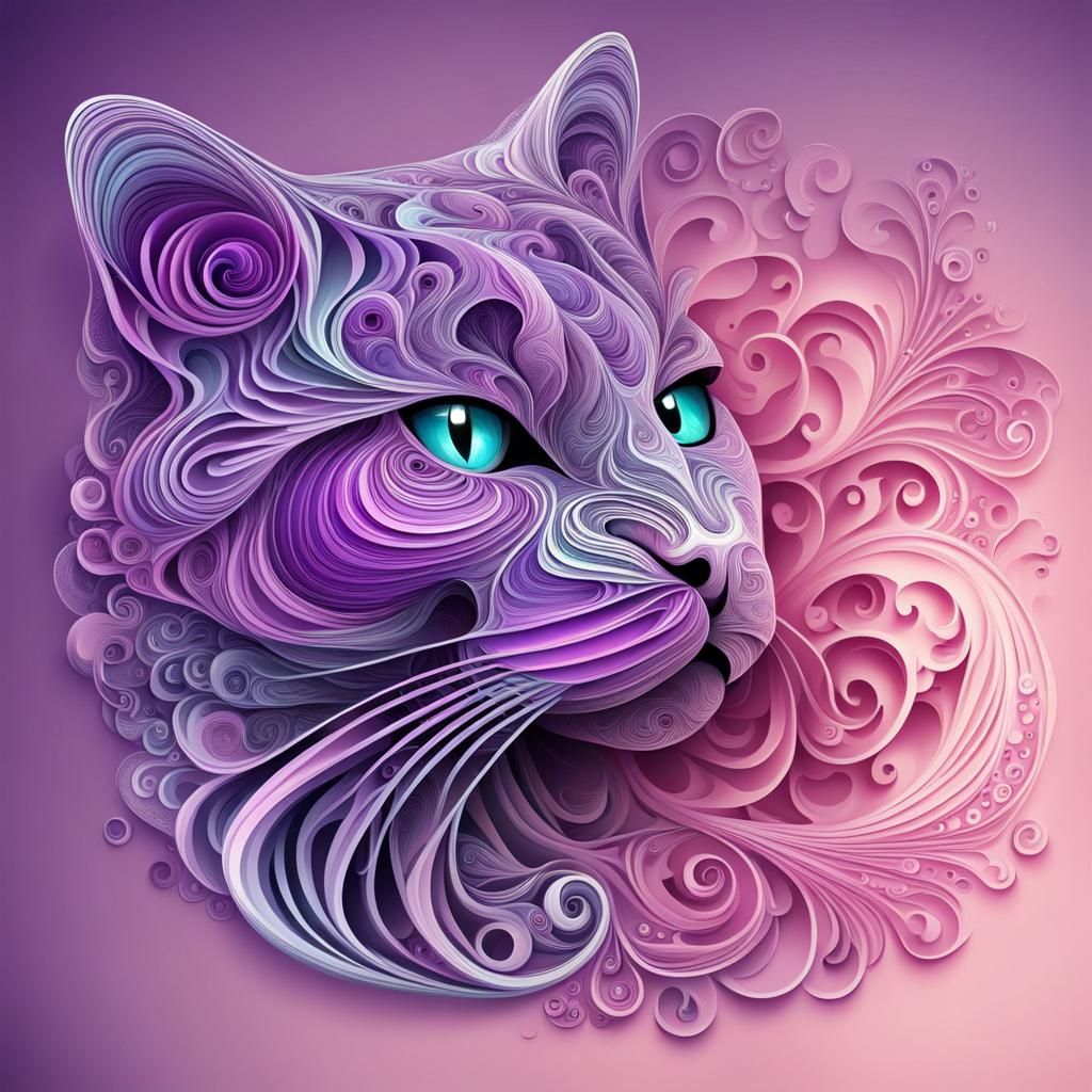 Purple Kitten with Rose in Abstract Fractal Art