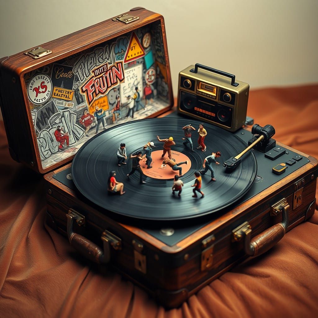 Miniature Breakdancers on a Vinyl Record in a Vintage Suitca...