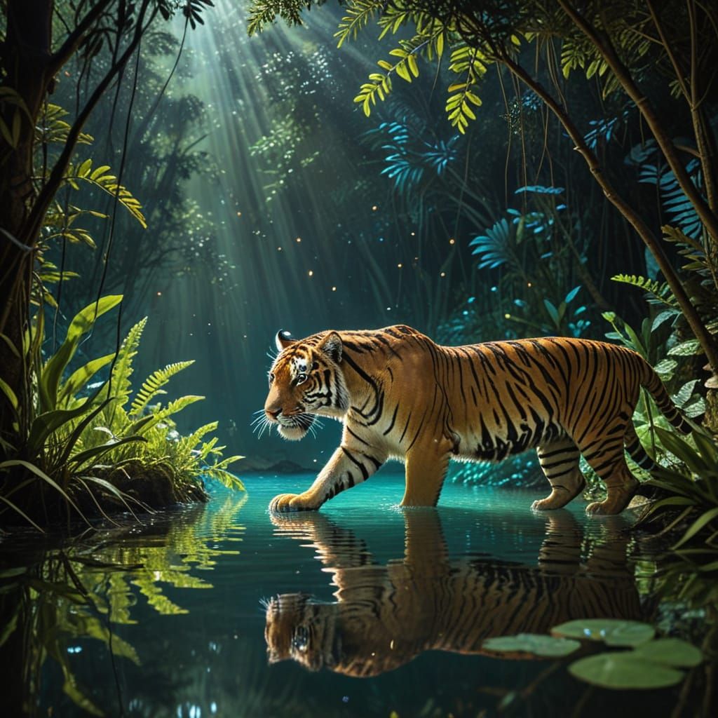 Tiger in Jungle Eating Deer: Fauvist Style