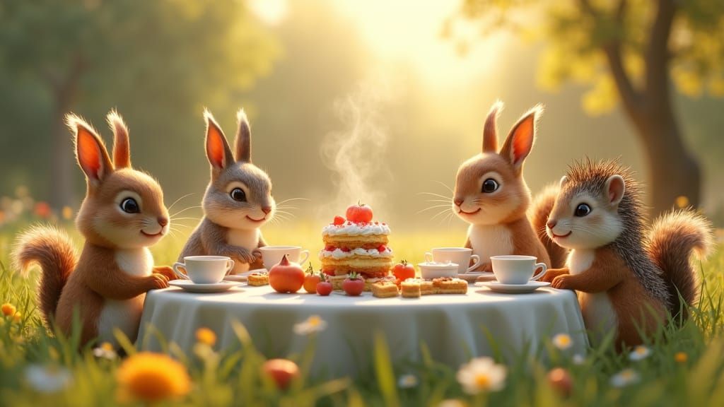 Woodland Creatures Host Whimsical Tea Party in Sunlit Meadow